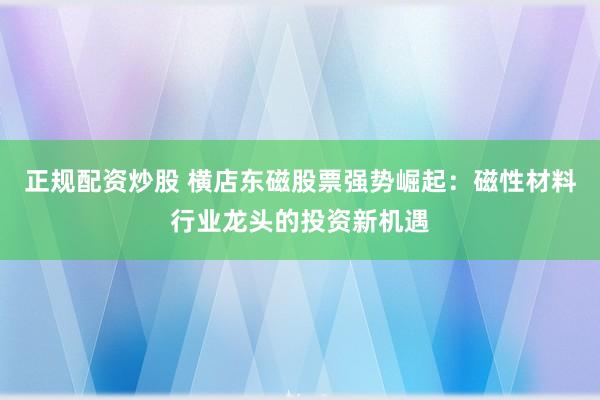 正规配资炒股 横店东磁股票强势崛起：磁性材料行业龙头的投资新机遇